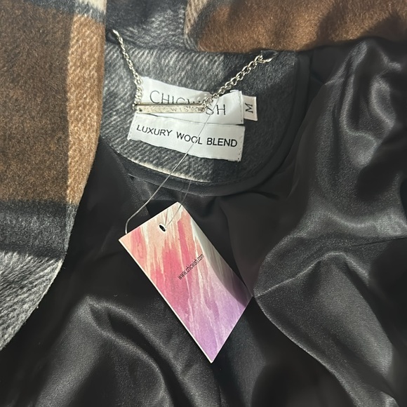 Women's Coat Turn Down‎ Shawl Collar Earth Check Asymmetric Hemline Wool Blend M - Picture 5 of 7